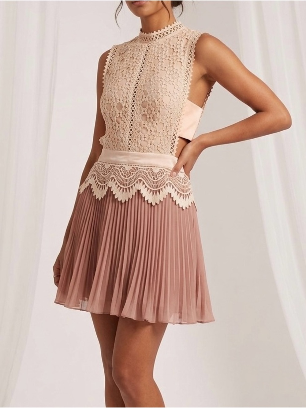ASOS DESIGN Contrast Lace Mini Dress with Peplum and Pleated Hem in Pink